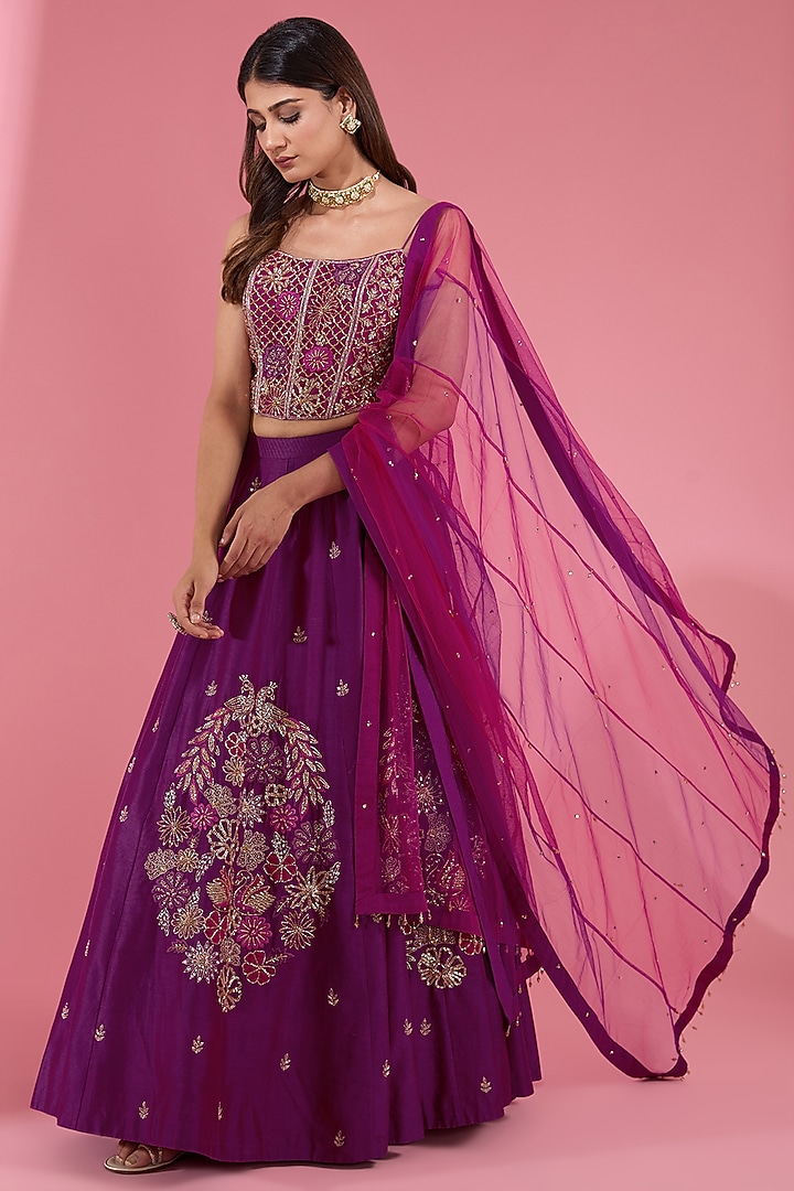 Purple Chanderi Cutwork Hand Embroidered Flared Wedding Lehenga Set by Show Shaa at Pernia's Pop Up Shop