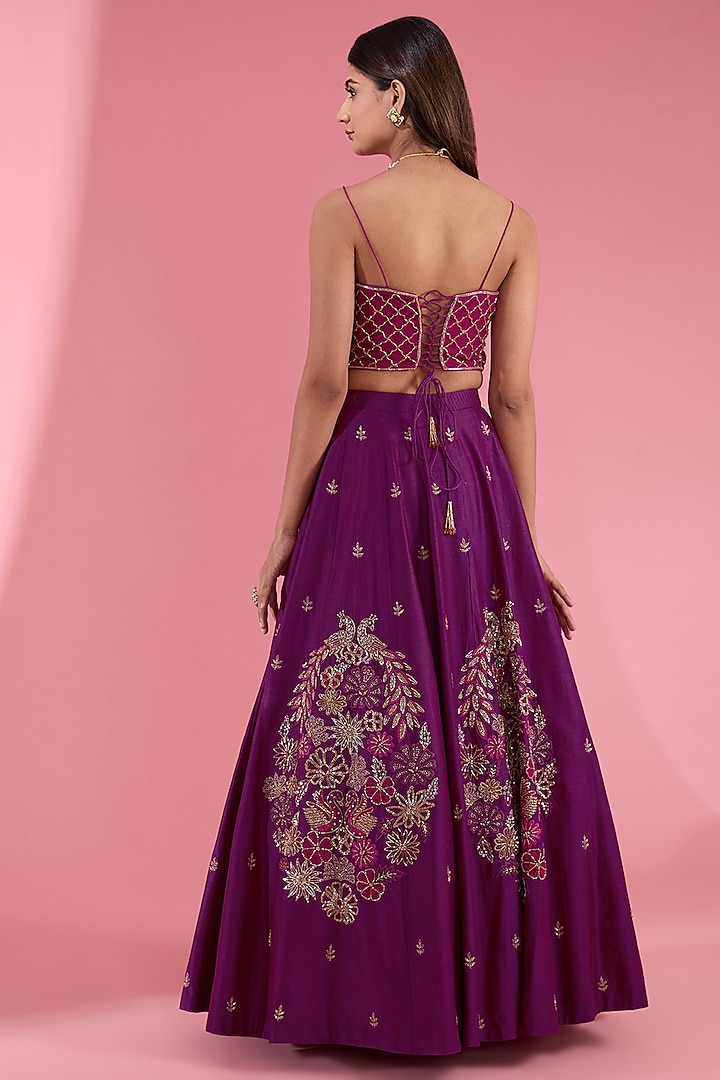 Purple Chanderi Cutwork Hand Embroidered Flared Wedding Lehenga Set by Show Shaa at Pernia's Pop Up Shop