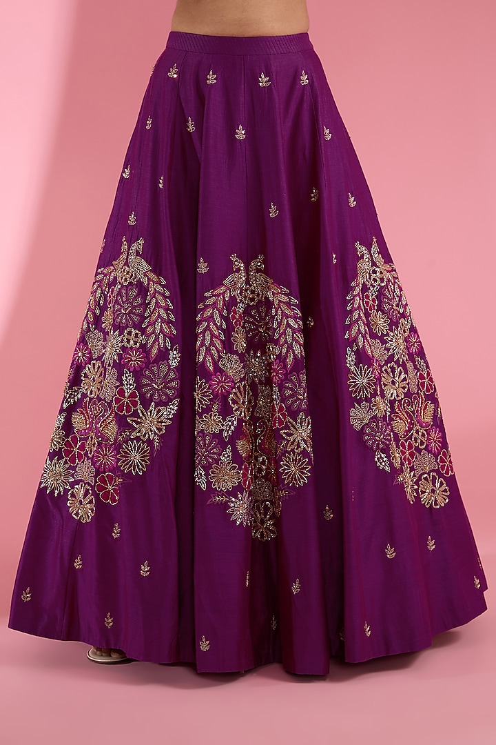 Purple Chanderi Cutwork Hand Embroidered Flared Wedding Lehenga Set by Show Shaa at Pernia's Pop Up Shop