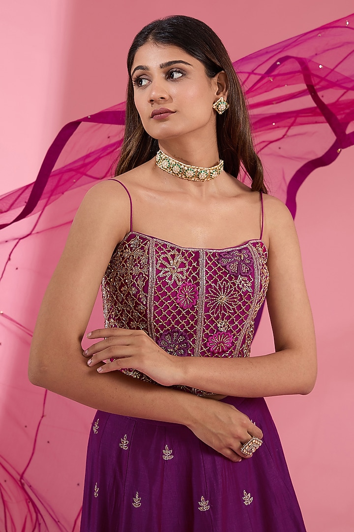 Purple Chanderi Cutwork Hand Embroidered Flared Wedding Lehenga Set by Show Shaa at Pernia's Pop Up Shop