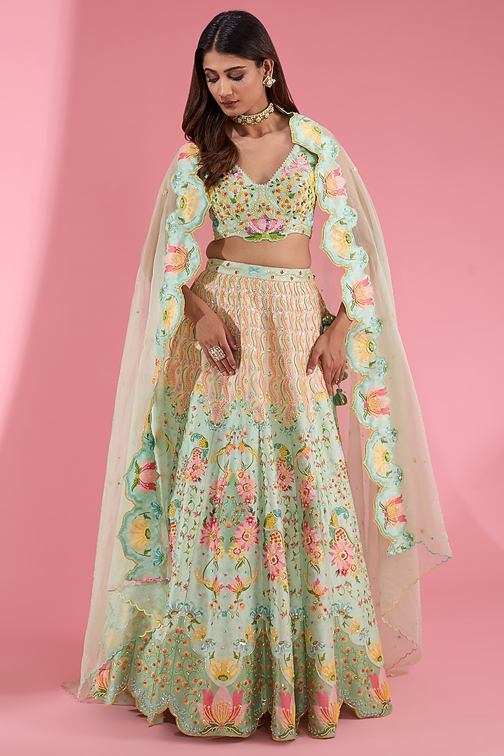Green Silk Printed & Embroidered Wedding Lehenga Set by Show Shaa at Pernia's Pop Up Shop