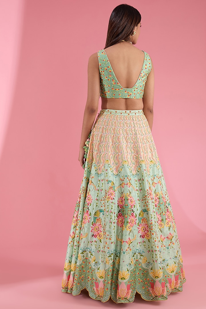 Green Silk Printed & Embroidered Wedding Lehenga Set by Show Shaa at Pernia's Pop Up Shop