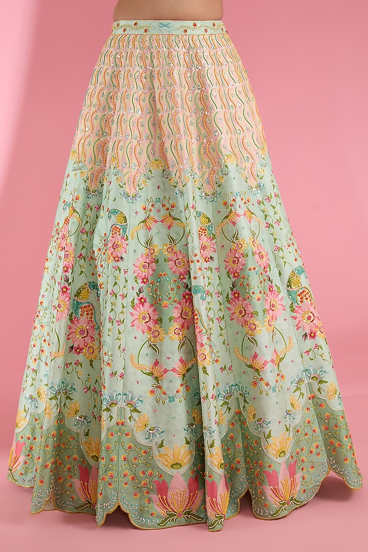 Green Silk Printed & Embroidered Wedding Lehenga Set by Show Shaa at Pernia's Pop Up Shop