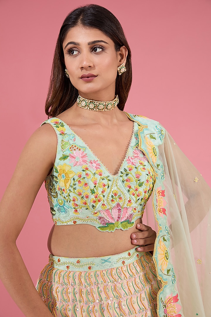 Green Silk Printed & Embroidered Wedding Lehenga Set by Show Shaa at Pernia's Pop Up Shop