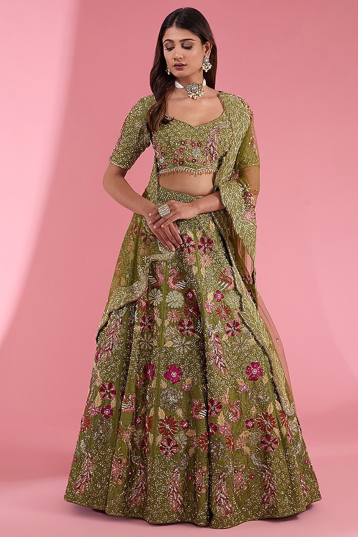 Green Raw Silk Applique Hand Embroidered Bridal Lehenga Set by Show Shaa at Pernia's Pop Up Shop