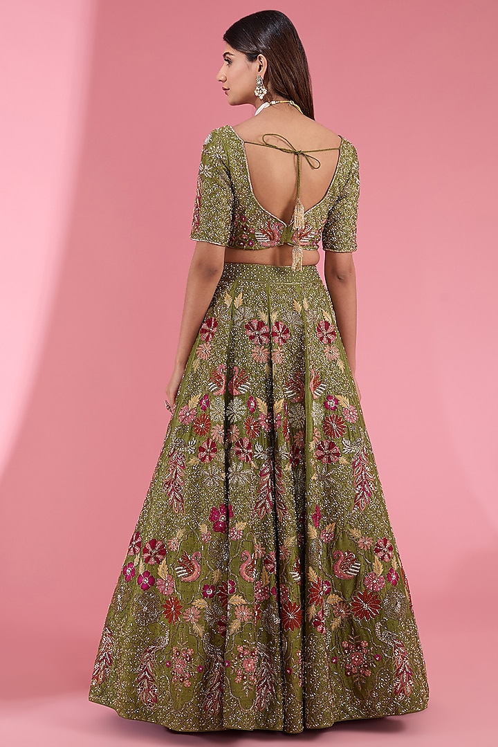 Green Raw Silk Applique Hand Embroidered Bridal Lehenga Set by Show Shaa at Pernia's Pop Up Shop