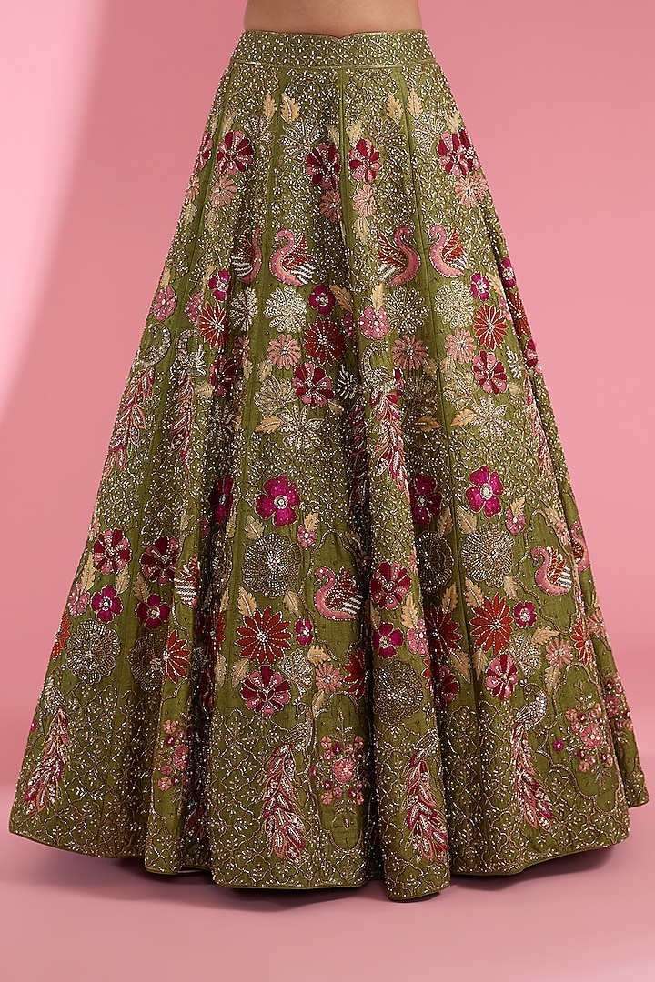 Green Raw Silk Applique Hand Embroidered Bridal Lehenga Set by Show Shaa at Pernia's Pop Up Shop