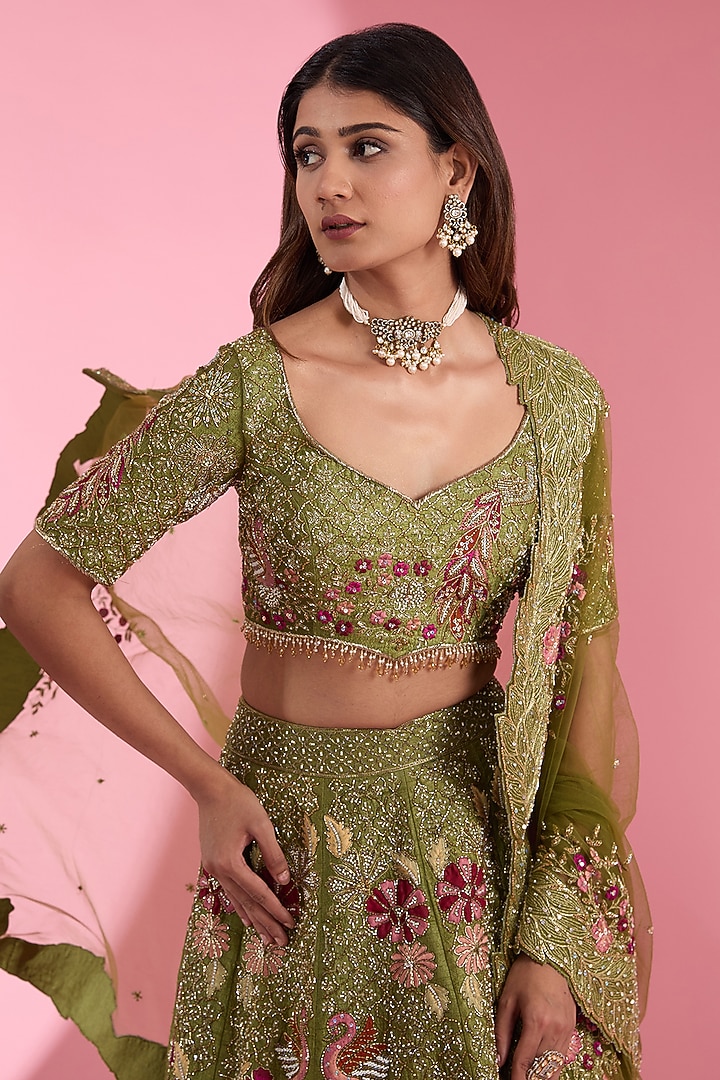 Green Raw Silk Applique Hand Embroidered Bridal Lehenga Set by Show Shaa at Pernia's Pop Up Shop