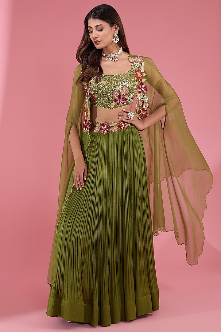 Green Chiffon Embroidered Ruched Flared Lehenga Set by Show Shaa