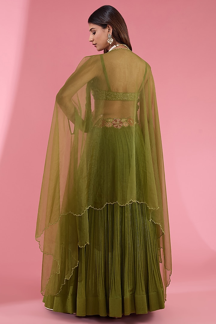 Green Chiffon Embroidered Ruched Flared Wedding Lehenga Set by Show Shaa at Pernia's Pop Up Shop