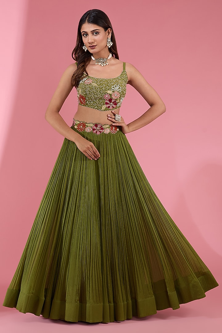 Green Chiffon Embroidered Ruched Flared Wedding Lehenga Set by Show Shaa at Pernia's Pop Up Shop
