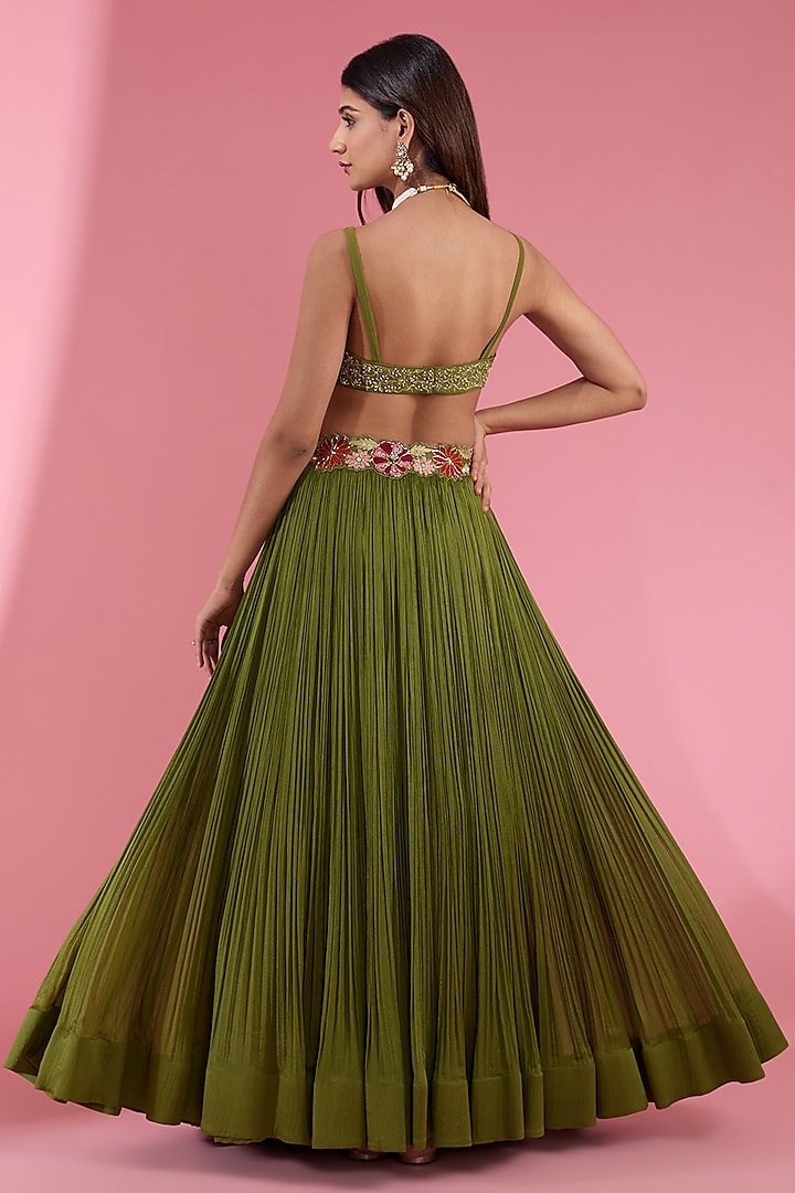 Green Chiffon Embroidered Ruched Flared Wedding Lehenga Set by Show Shaa at Pernia's Pop Up Shop