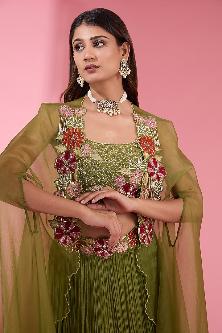 Green Chiffon Embroidered Ruched Flared Wedding Lehenga Set by Show Shaa at Pernia's Pop Up Shop