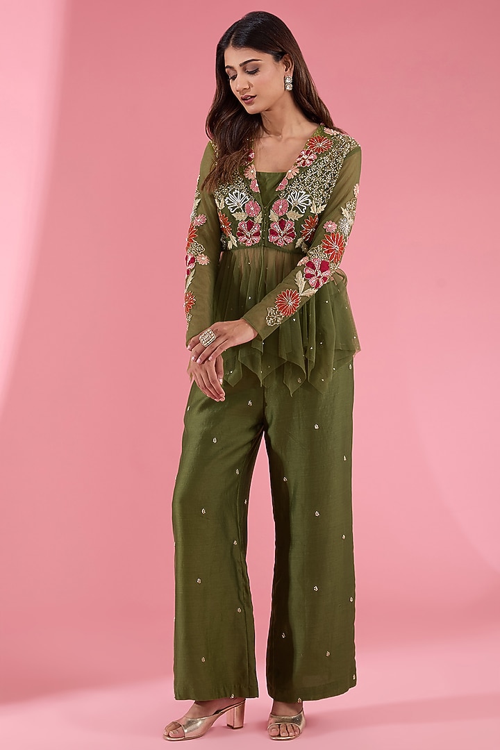 Green Net Embroidered Peplum Jacket Set by Show Shaa at Pernia's Pop Up Shop