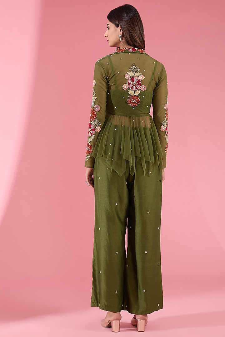 Green Net Embroidered Peplum Jacket Set by Show Shaa at Pernia's Pop Up Shop