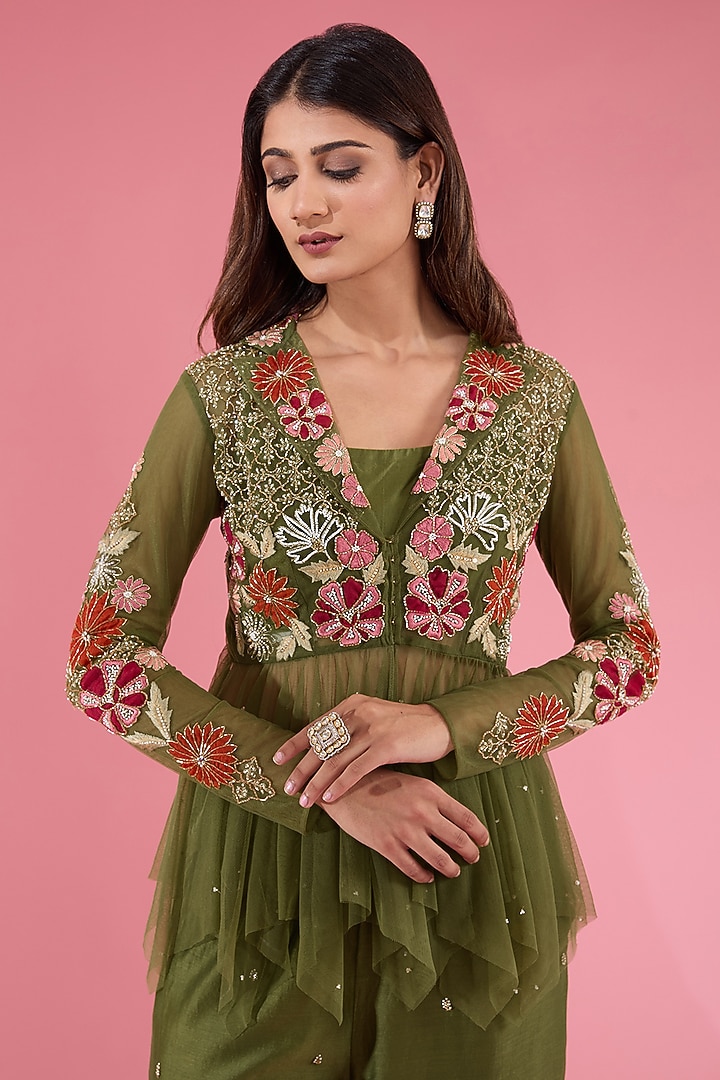 Green Net Embroidered Peplum Jacket Set by Show Shaa at Pernia's Pop Up Shop