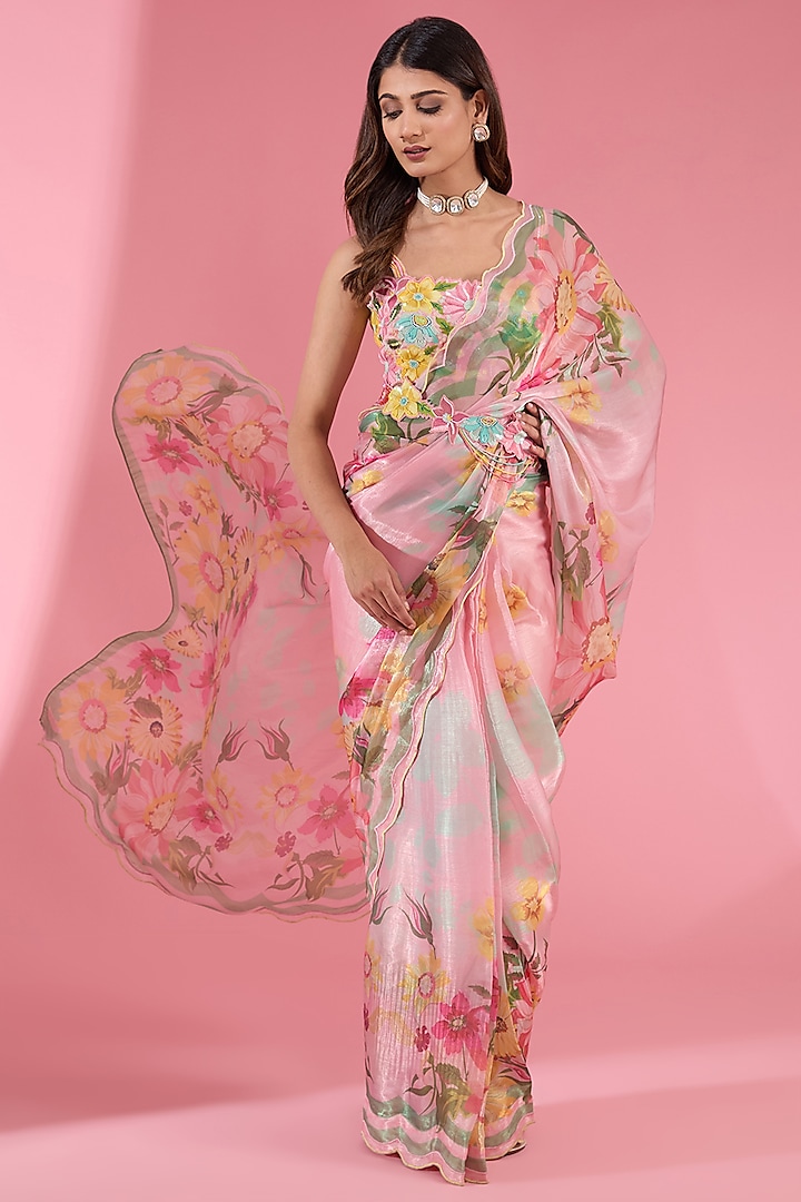 Pink Glass Silk Floral Printed Saree Set by Show Shaa