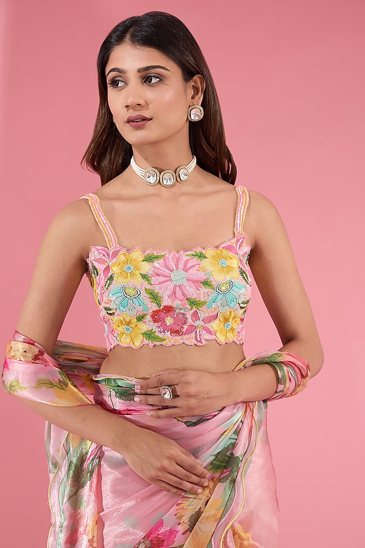 Pink Glass Silk Floral Printed Wedding Saree Set by Show Shaa at Pernia's Pop Up Shop