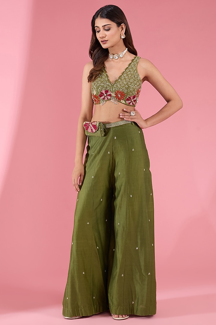 Green Chanderi Flared Pant Set by Show Shaa at Pernia's Pop Up Shop