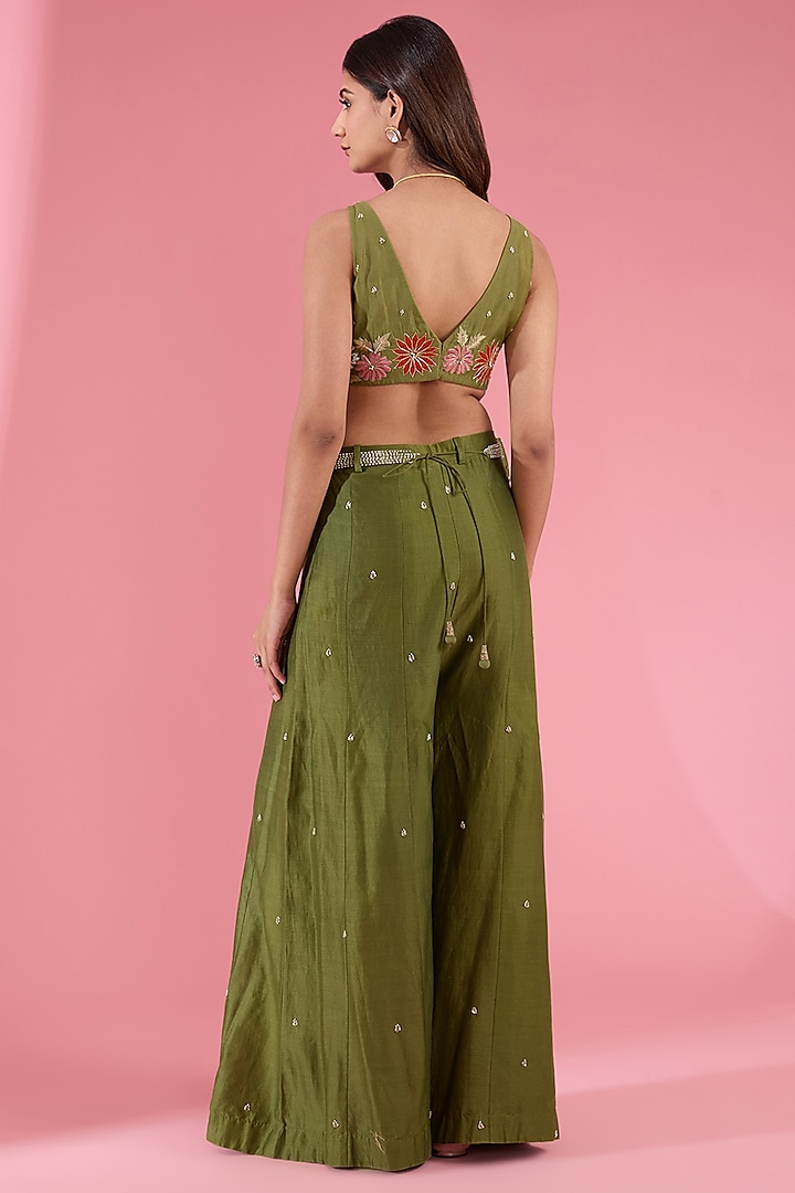 Green Chanderi Flared Pant Set by Show Shaa at Pernia's Pop Up Shop