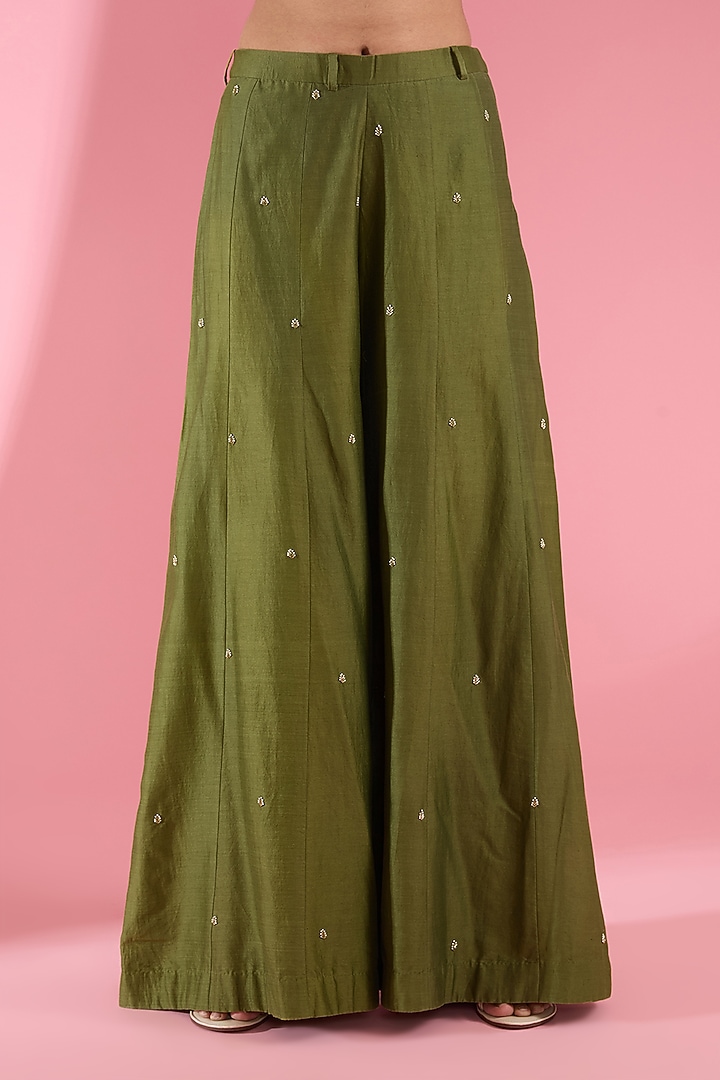Green Chanderi Flared Pant Set by Show Shaa at Pernia's Pop Up Shop