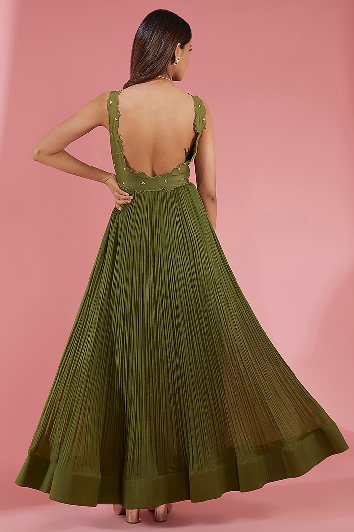 Green Chiffon Cutwork Embroidered Ruched Wedding Anarkali Set by Show Shaa at Pernia's Pop Up Shop