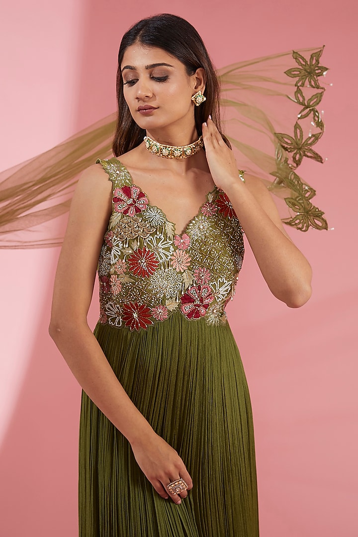 Green Chiffon Cutwork Embroidered Ruched Wedding Anarkali Set by Show Shaa at Pernia's Pop Up Shop