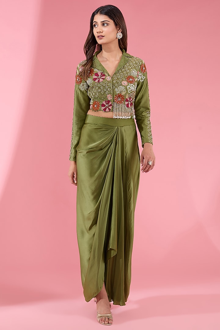 Green Satin Draped Skirt Set by Show Shaa at Pernia's Pop Up Shop