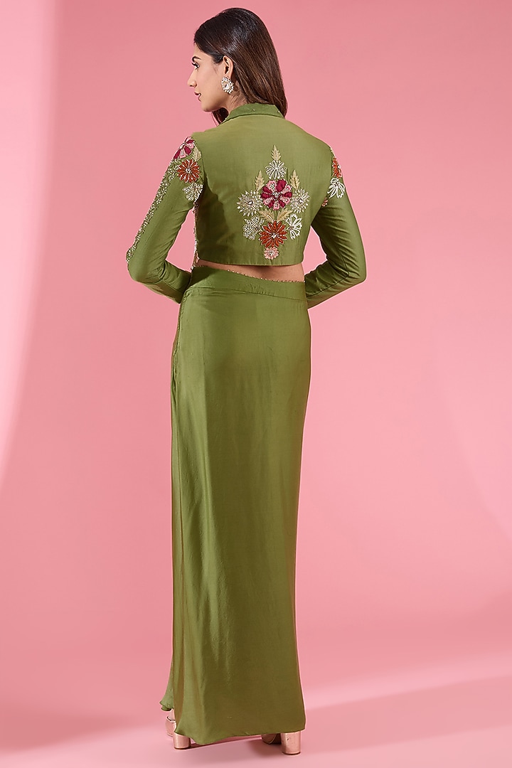 Green Satin Draped Skirt Set by Show Shaa at Pernia's Pop Up Shop