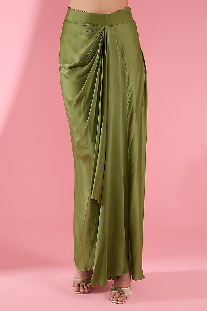 Green Satin Draped Skirt Set by Show Shaa at Pernia