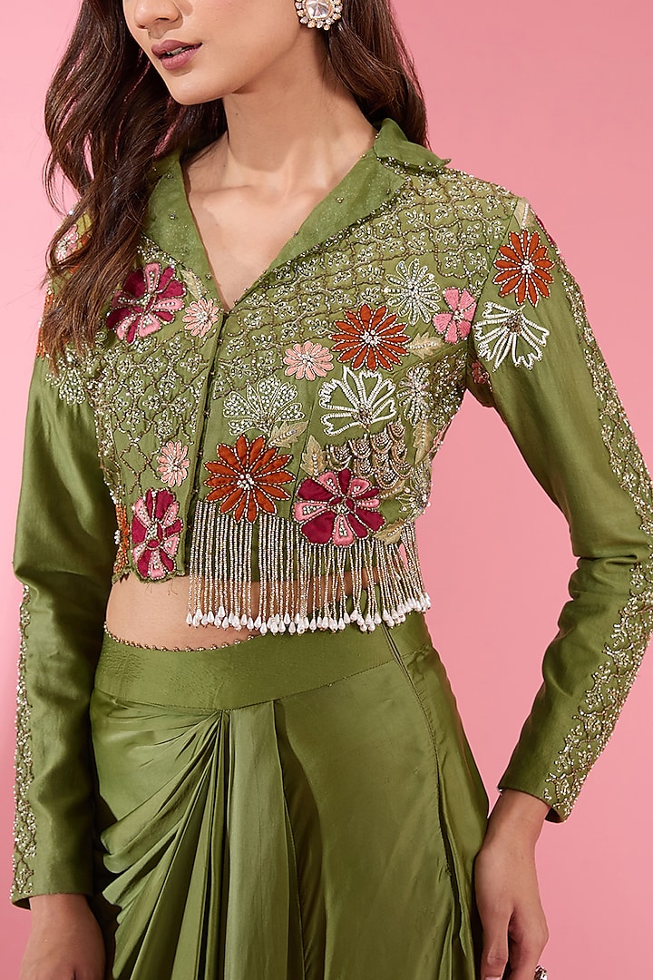 Green Satin Draped Skirt Set by Show Shaa at Pernia's Pop Up Shop