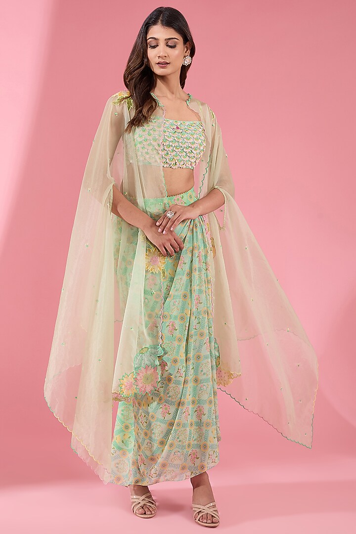 Green Chiffon Floral Printed Skirt Set by Show Shaa at Pernia's Pop Up Shop