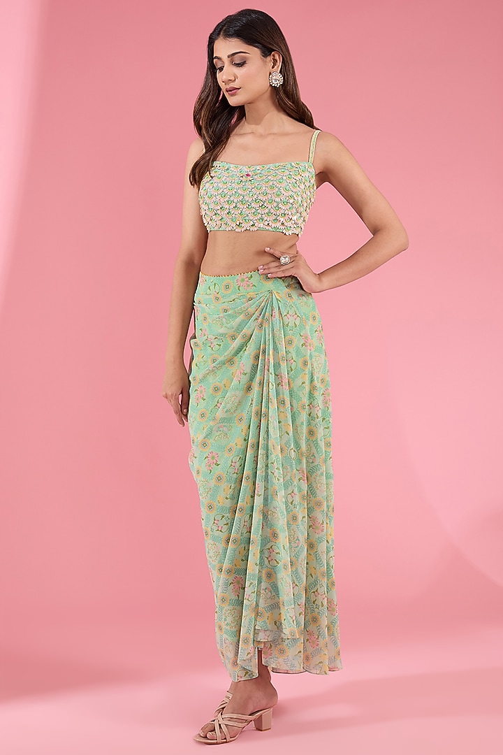 Green Chiffon Floral Printed Skirt Set by Show Shaa at Pernia's Pop Up Shop