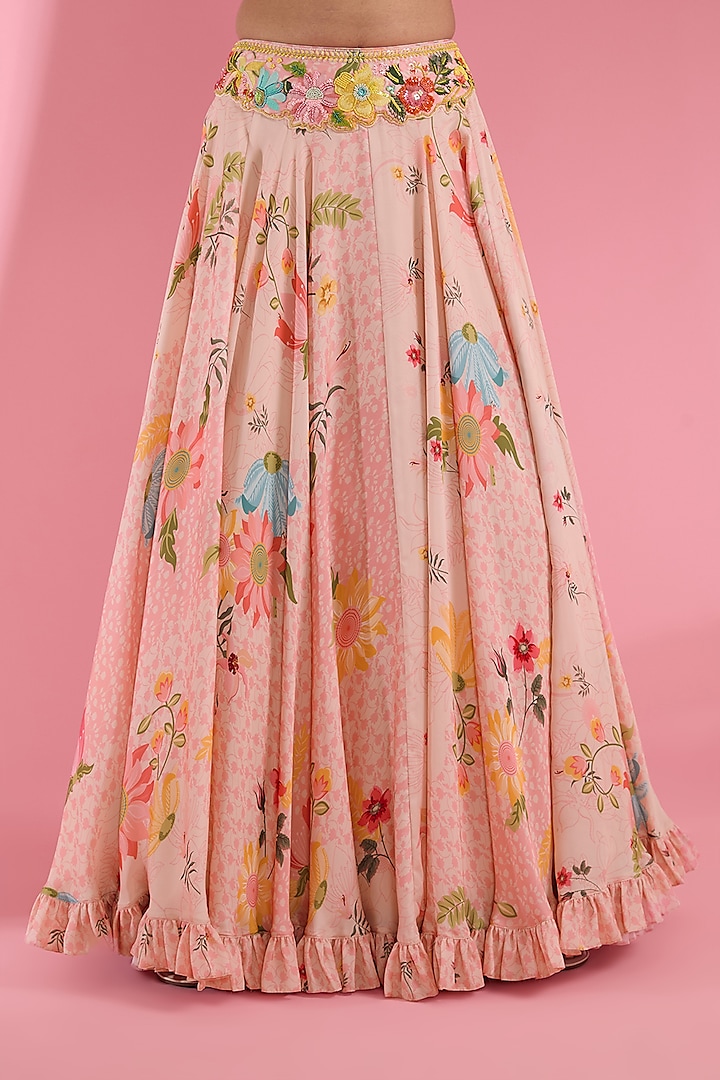 Pink Satin Floral Printed & Embroidered Wedding Lehenga Set by Show Shaa at Pernia's Pop Up Shop