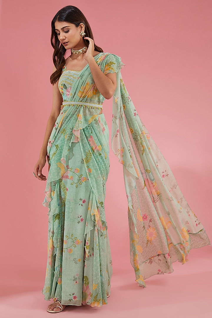 Green Chiffon Pre-Draped Wedding Saree Set by Show Shaa at Pernia's Pop Up Shop