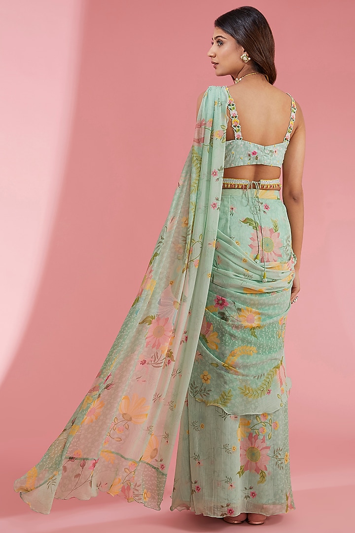 Green Chiffon Pre-Draped Wedding Saree Set by Show Shaa at Pernia's Pop Up Shop