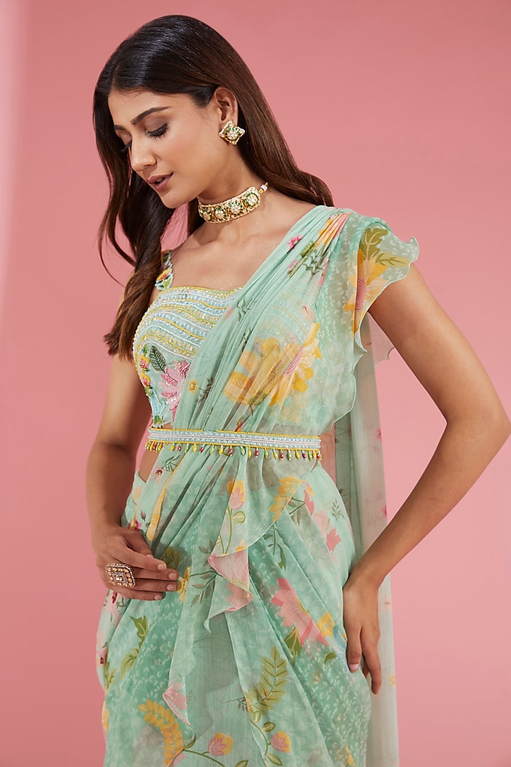 Green Chiffon Pre-Draped Wedding Saree Set by Show Shaa at Pernia's Pop Up Shop