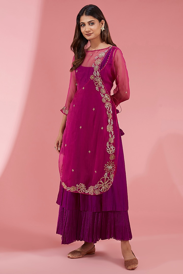 Pink Chanderi & Chiffon Engagement Gown With Angrakha Kurta by Show Shaa at Pernia's Pop Up Shop