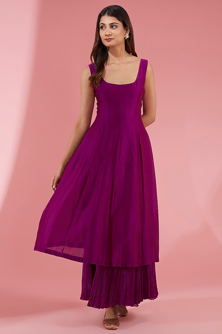 Pink Chanderi & Chiffon Engagement Gown With Angrakha Kurta by Show Shaa at Pernia's Pop Up Shop