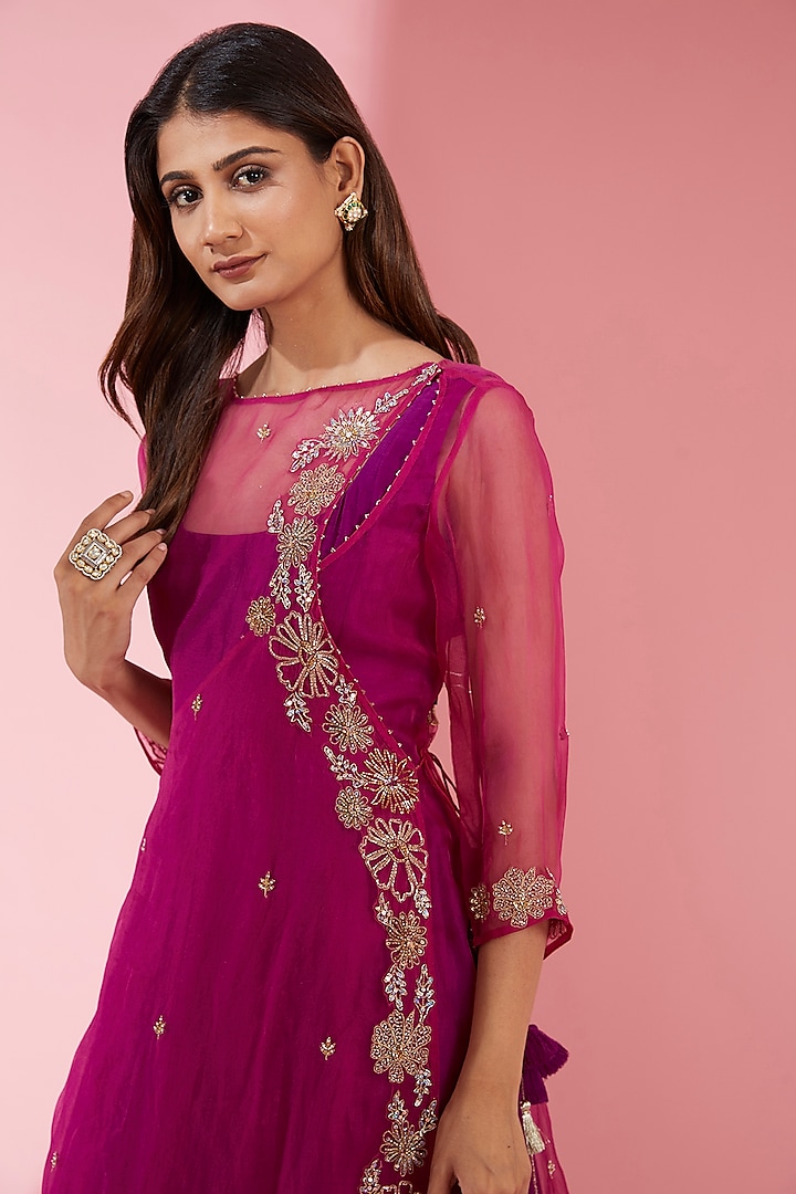 Pink Chanderi & Chiffon Engagement Gown With Angrakha Kurta by Show Shaa at Pernia's Pop Up Shop
