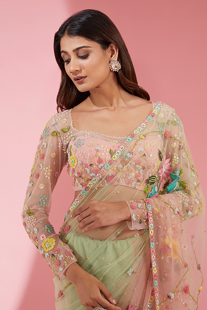 Soft Mint & Pink Net Floral Embroidered Reception Saree Set by Show Shaa at Pernia's Pop Up Shop