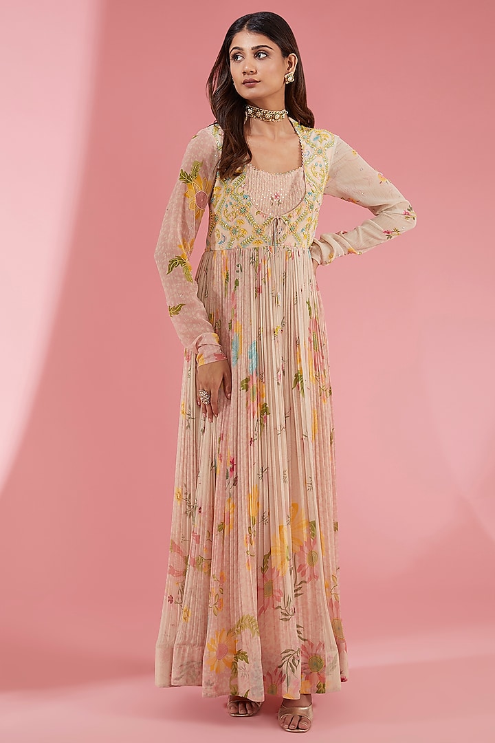 Pink Chiffon Printed & Embroidered Wedding Anarkali Set by Show Shaa at Pernia's Pop Up Shop