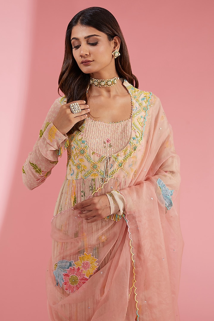 Pink Chiffon Printed & Embroidered Wedding Anarkali Set by Show Shaa at Pernia's Pop Up Shop