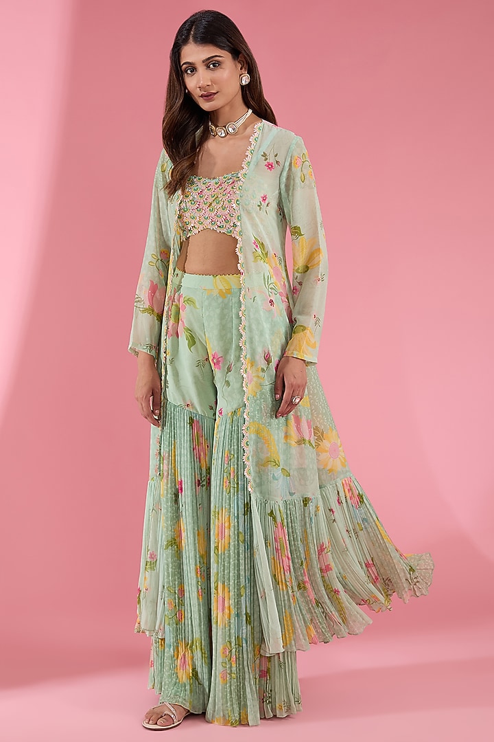 Green Chiffon Printed Gharara Set by Show Shaa at Pernia's Pop Up Shop