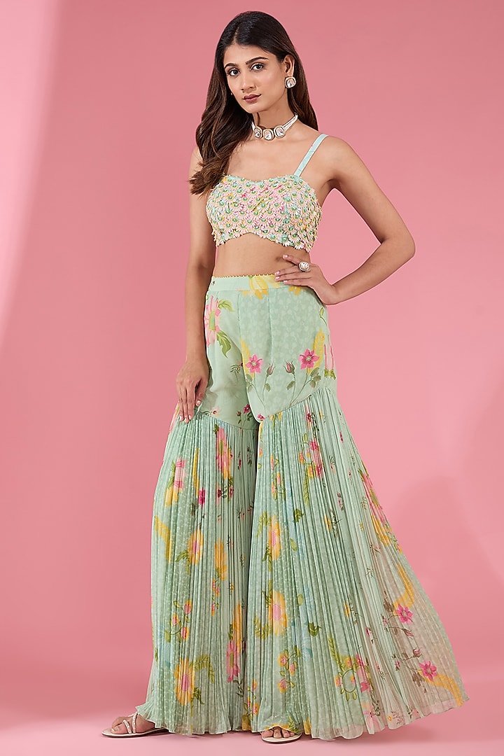 Green Chiffon Printed Gharara Set by Show Shaa at Pernia's Pop Up Shop