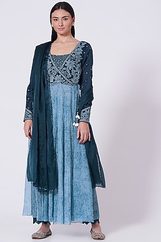 Cobalt Blue Embroidered Angrakha Kurta Set by Show Shaa