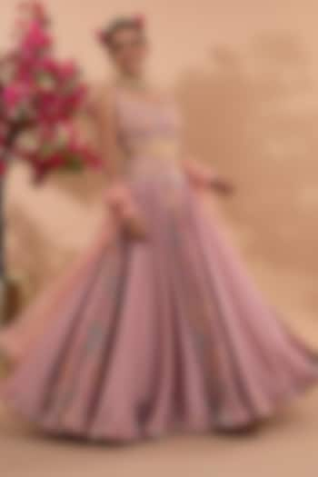 Dusty Rose Pink Satin Floral Printed Wedding Lehenga Set by Show Shaa at Pernia's Pop Up Shop