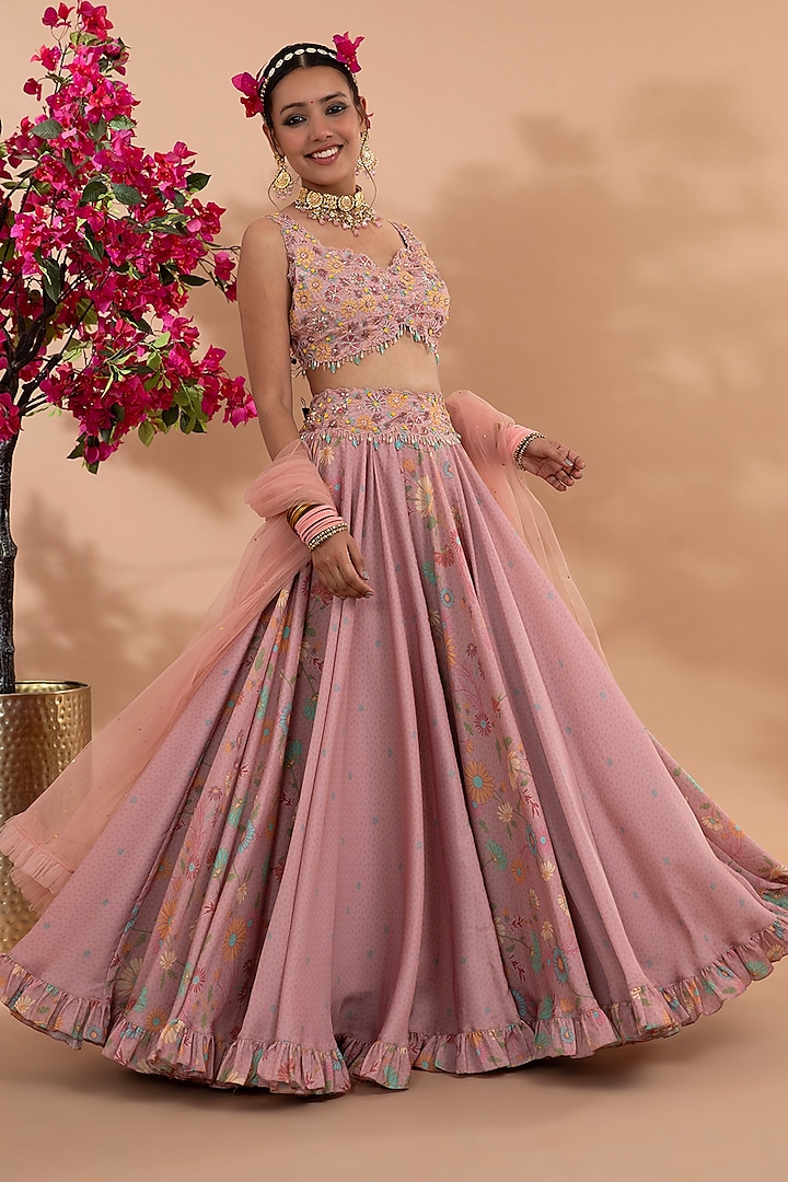 Dusty Rose Pink Satin Floral Printed Lehenga Set by Show Shaa