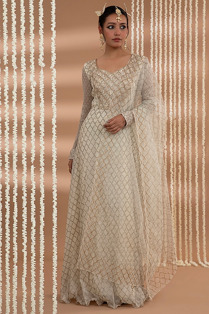 Ivory & Gold Crushed Organza Hand Embroidered Anarkali Set by Show Shaa