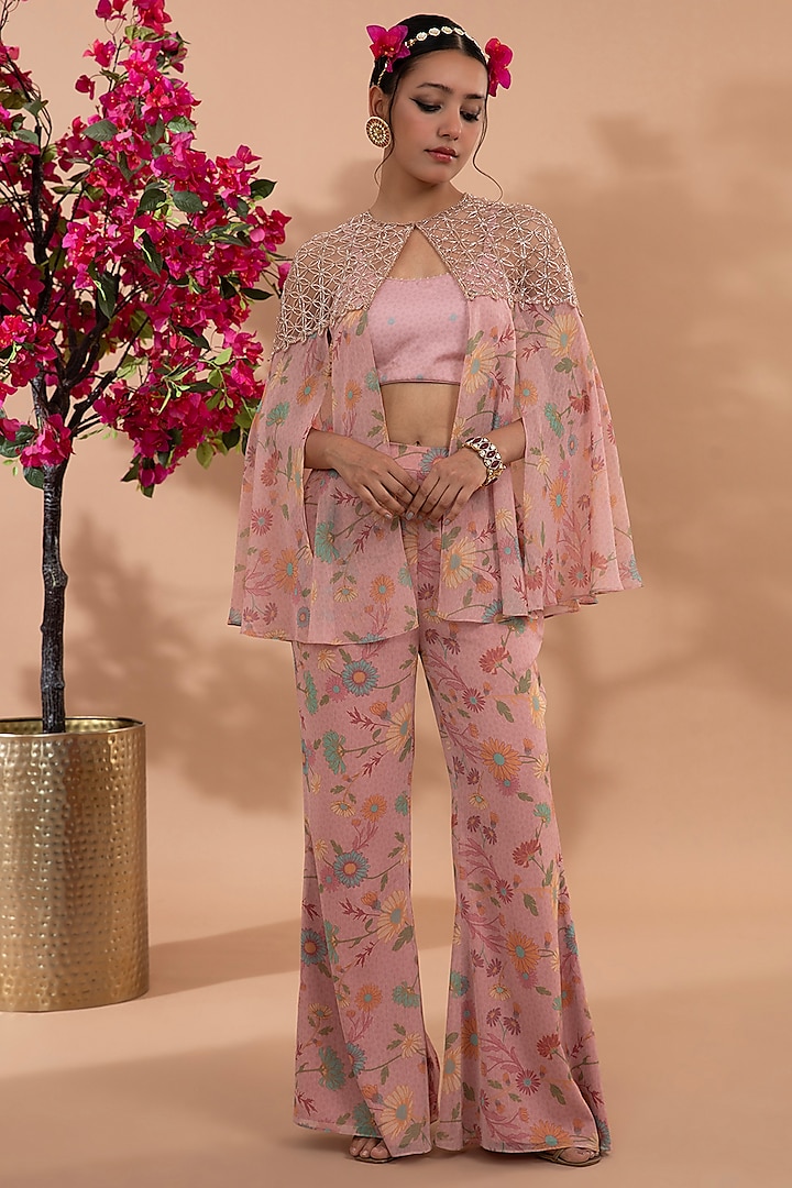 Dusty Rose Pink Chiffon Floral Printed Pant Set by Show Shaa